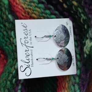 Silver Forest Earrings Hammered Shiny Oval Floral Stamped 2 Layer